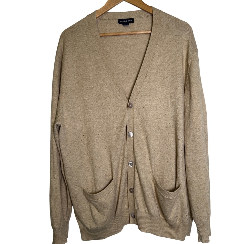 Lands End Tan Cardigan Sweater Men's L Pockets Old‎ Money Grandpacore Academia
